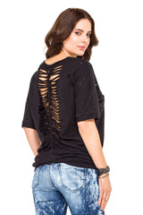 WT254 Oversize Damen T-Shirt mit Schriftzug & Destroyed-Details – Schwarz