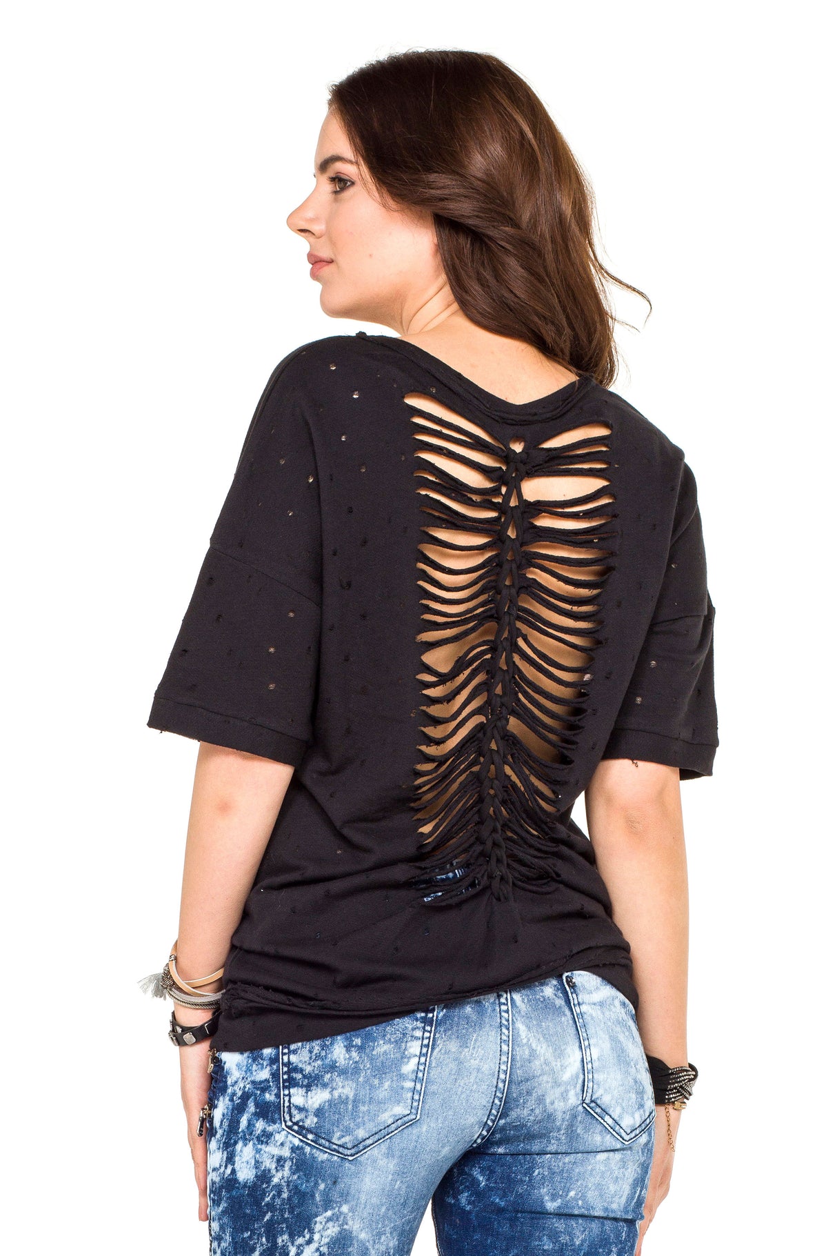WT254 Oversize Damen T-Shirt mit Schriftzug & Destroyed-Details – Schwarz