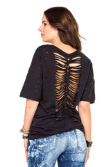 WT254 Oversize Damen T-Shirt mit Schriftzug & Destroyed-Details – Schwarz