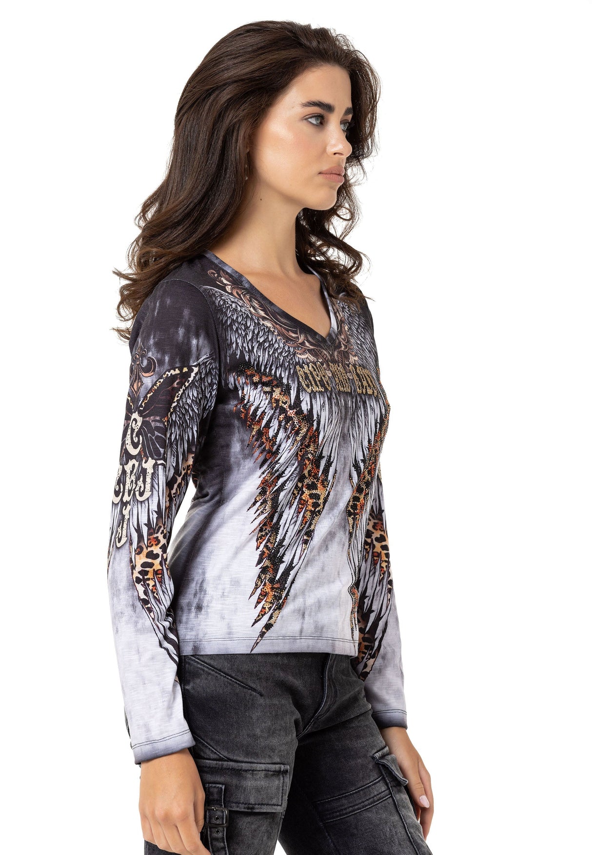 WL353 Damen Langarmshirt mit coolem Allover-Print und Strass