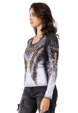 WL353 Damen Langarmshirt mit coolem Allover-Print und Strass