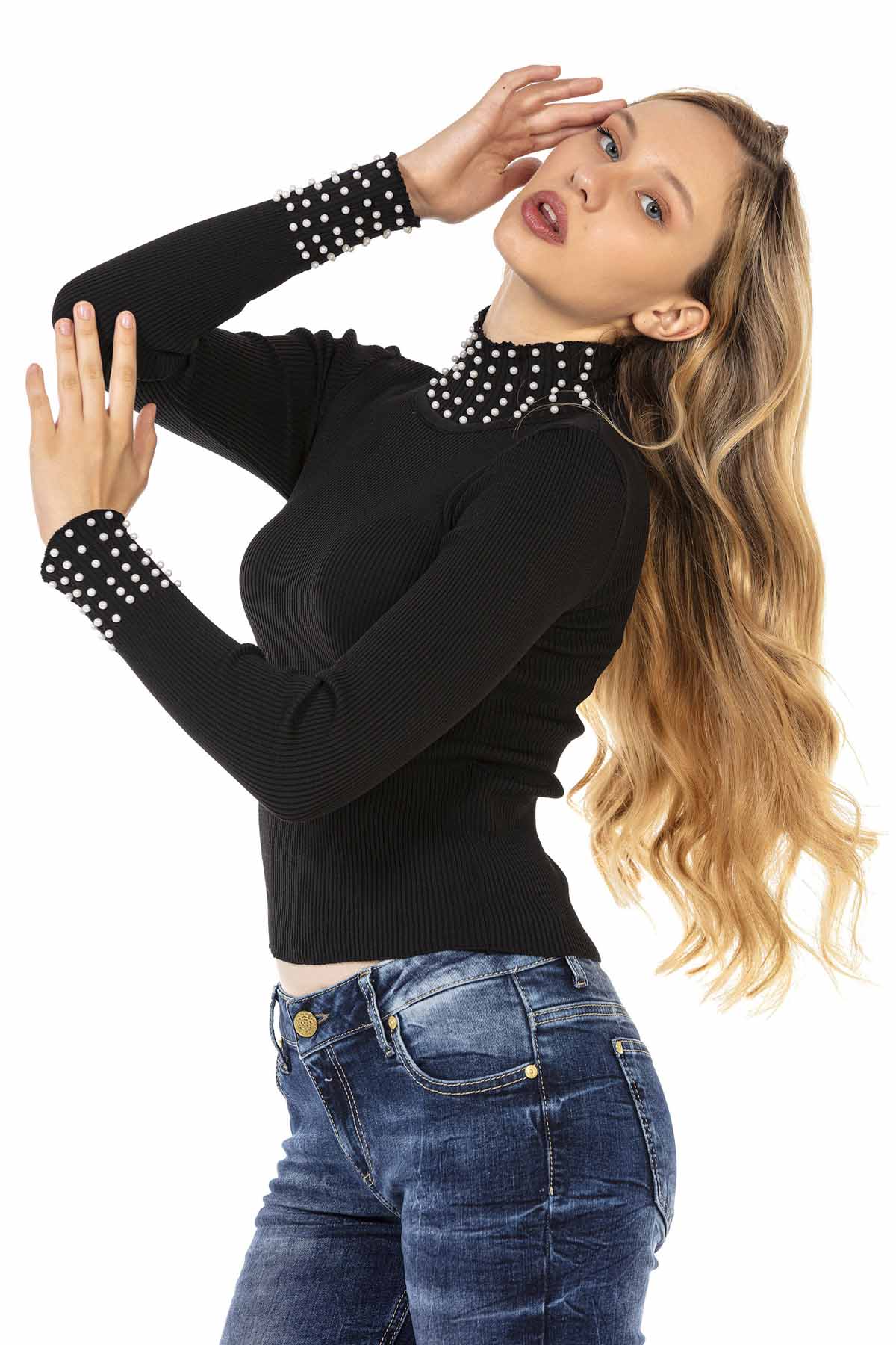 Cuello de tortuga para mujeres WP208 con perlas de moda