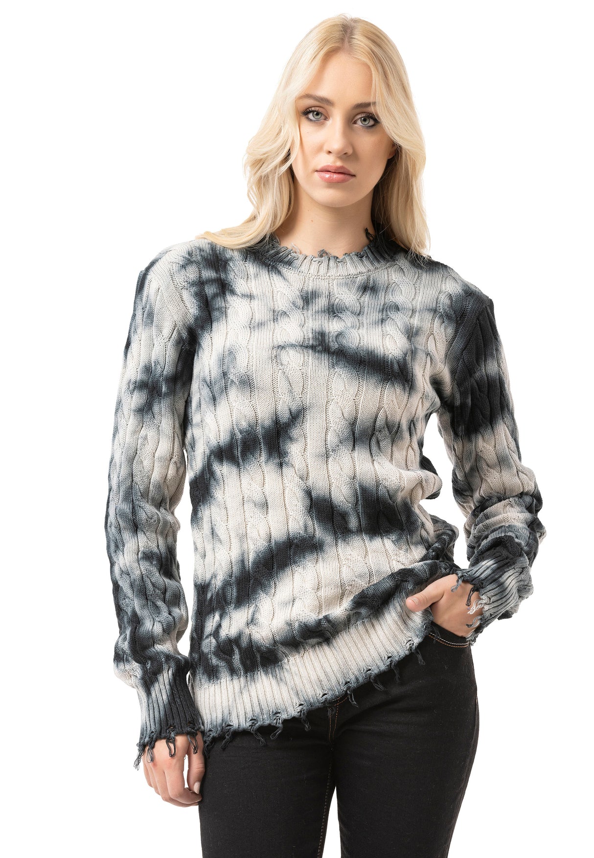 WP268 Damen Strickpullover – Pullover mit Tie-Dye Muster & Rippstruktur | Moderner Casual-Look für Alltag & Streetwear