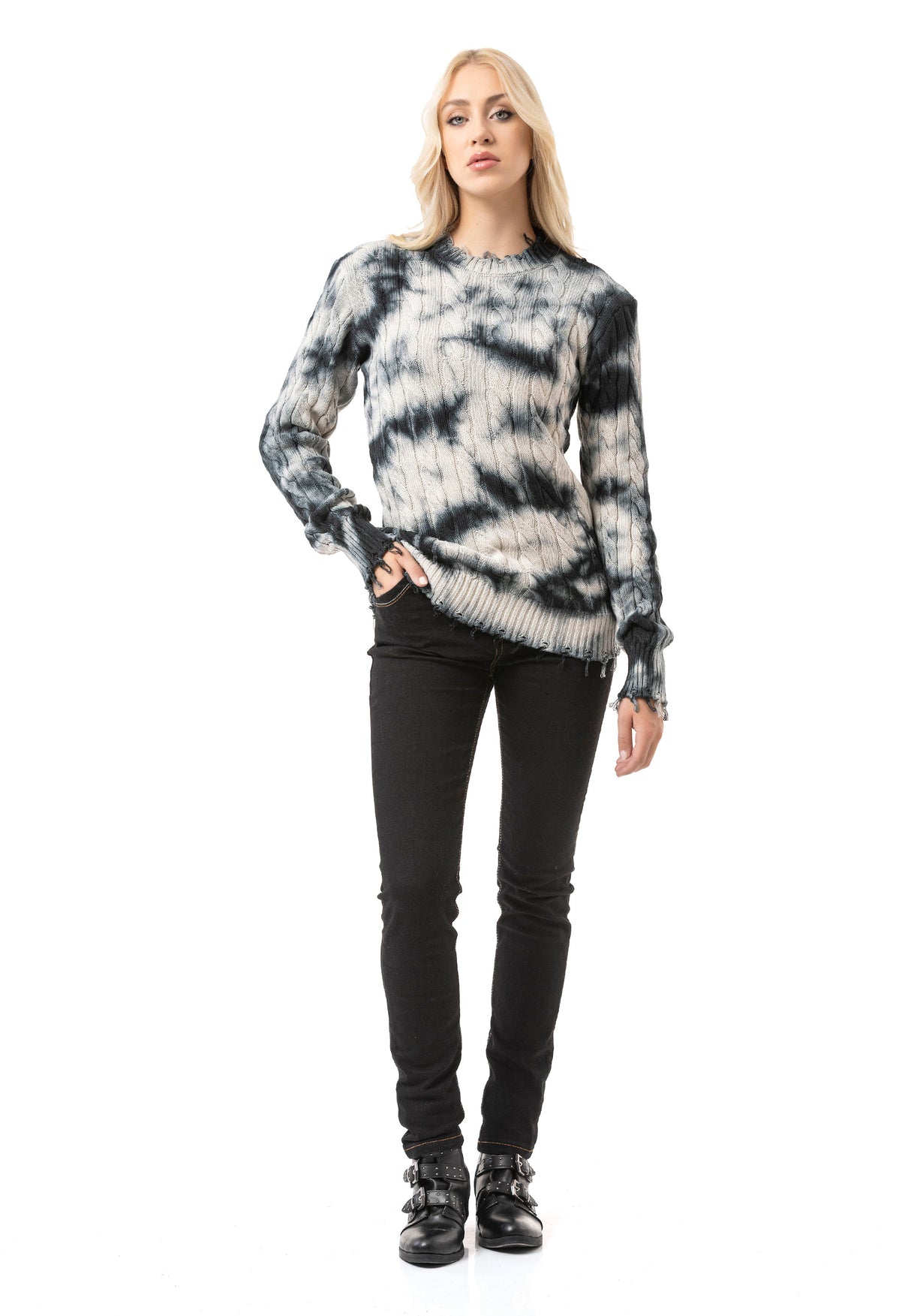 WP268 Damen Strickpullover – Pullover mit Tie-Dye Muster & Rippstruktur | Moderner Casual-Look für Alltag & Streetwear