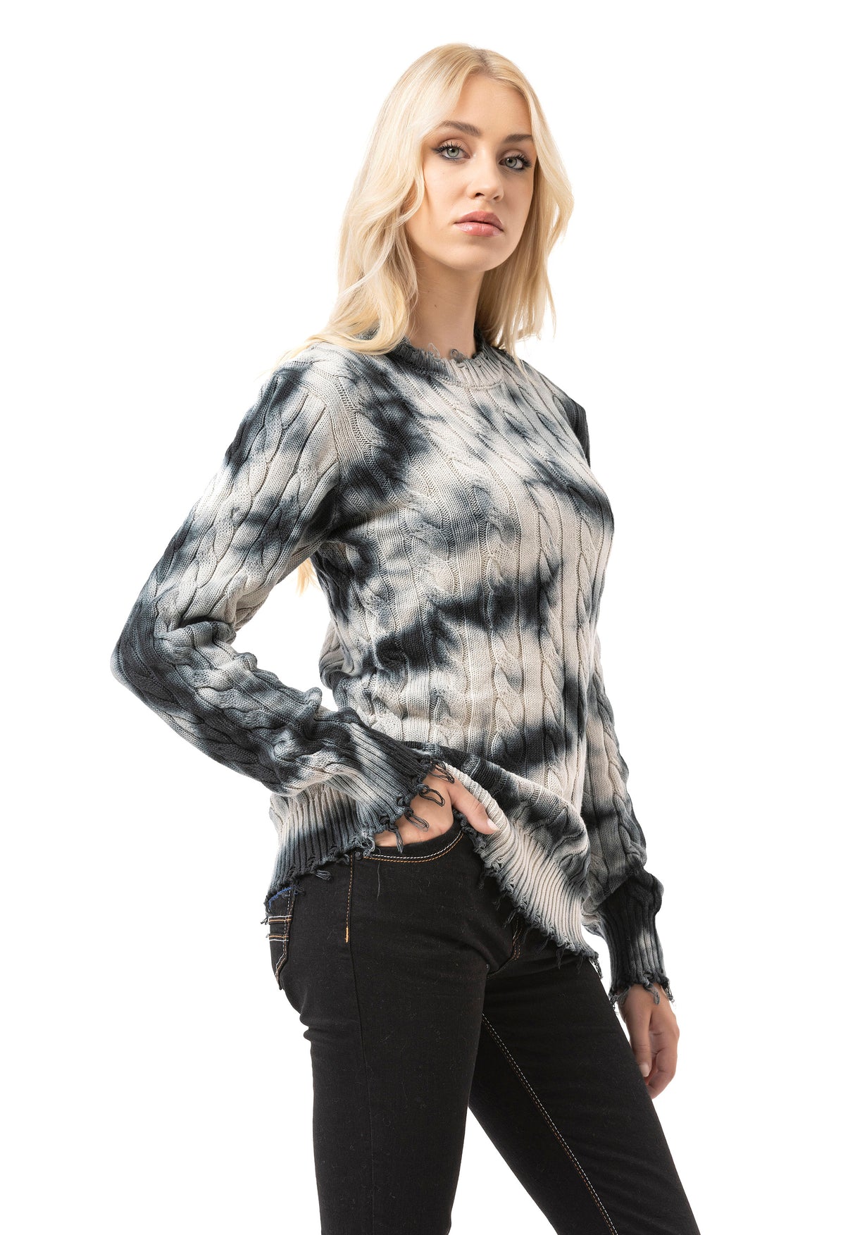 WP268 Damen Strickpullover – Pullover mit Tie-Dye Muster & Rippstruktur | Moderner Casual-Look für Alltag & Streetwear