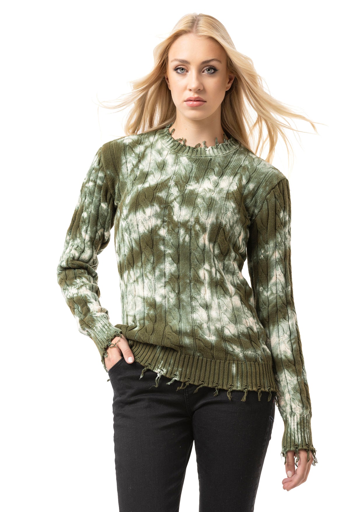 WP268 Damen Strickpullover – Pullover mit Tie-Dye Muster & Rippstruktur | Moderner Casual-Look für Alltag & Streetwear