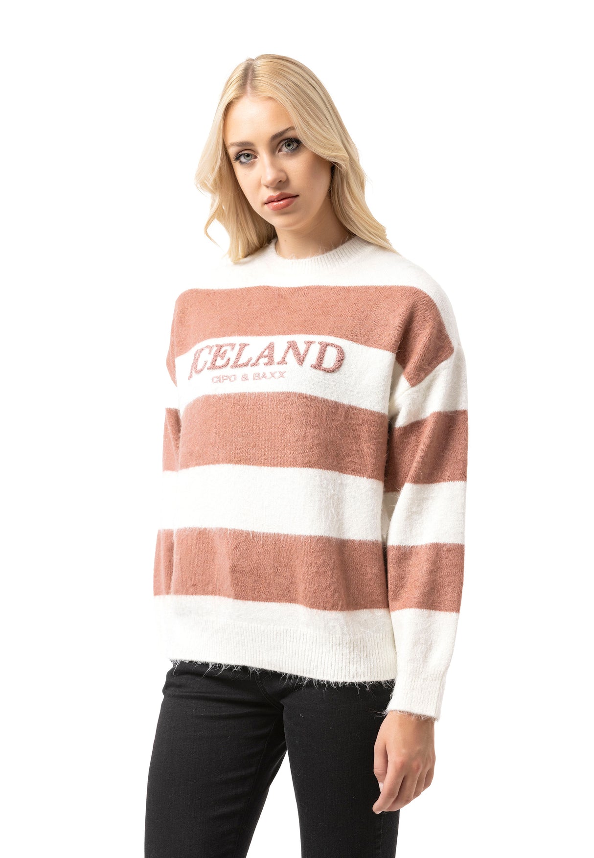 WP263 Damen Strickpullover – Gestreifter Pullover mit „ICELAND Copenhagen Studios“ Frontprint | Casual Streetwear für Alltag & Freizeit