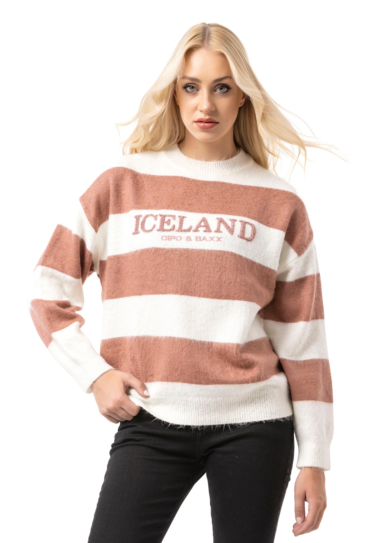 WP263 Damen Strickpullover – Gestreifter Pullover mit „ICELAND Copenhagen Studios“ Frontprint | Casual Streetwear für Alltag & Freizeit