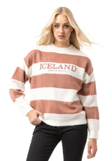 WP263 Damen Strickpullover – Gestreifter Pullover mit „ICELAND Copenhagen Studios“ Frontprint | Casual Streetwear für Alltag & Freizeit