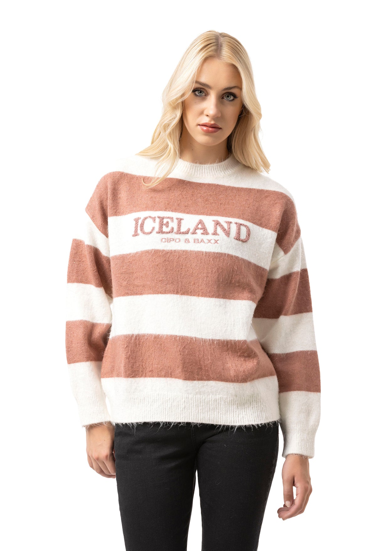 WP263 Damen Strickpullover – Gestreifter Pullover mit „ICELAND Copenhagen Studios“ Frontprint | Casual Streetwear für Alltag & Freizeit