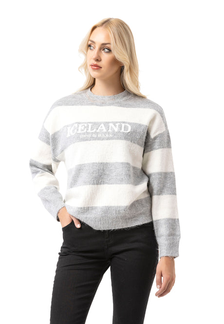 WP263 Damen Strickpullover – Gestreifter Pullover mit „ICELAND Copenhagen Studios“ Frontprint | Casual Streetwear für Alltag & Freizeit