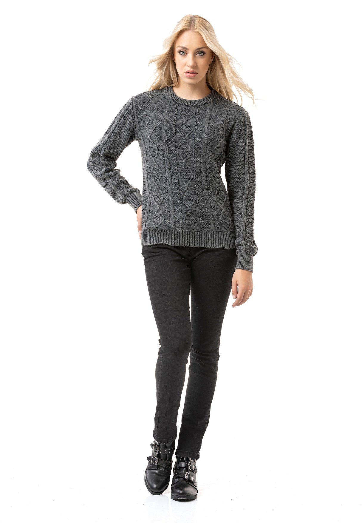 WP267 Damen Strickpullover – Zopfmuster Pullover mit Rundhalsausschnitt & Rippbündchen | Klassischer Casual-Look für Alltag & Übergangszeit
