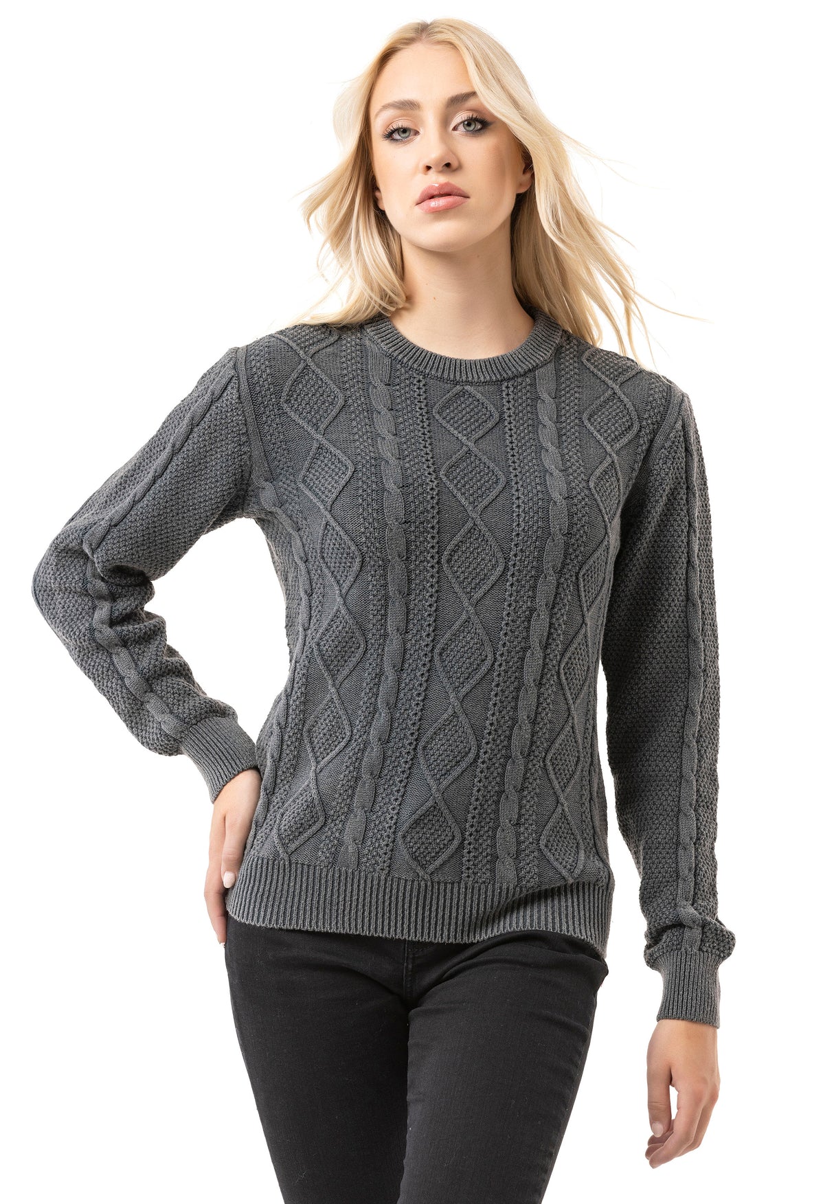 WP267 Damen Strickpullover – Zopfmuster Pullover mit Rundhalsausschnitt & Rippbündchen | Klassischer Casual-Look für Alltag & Übergangszeit