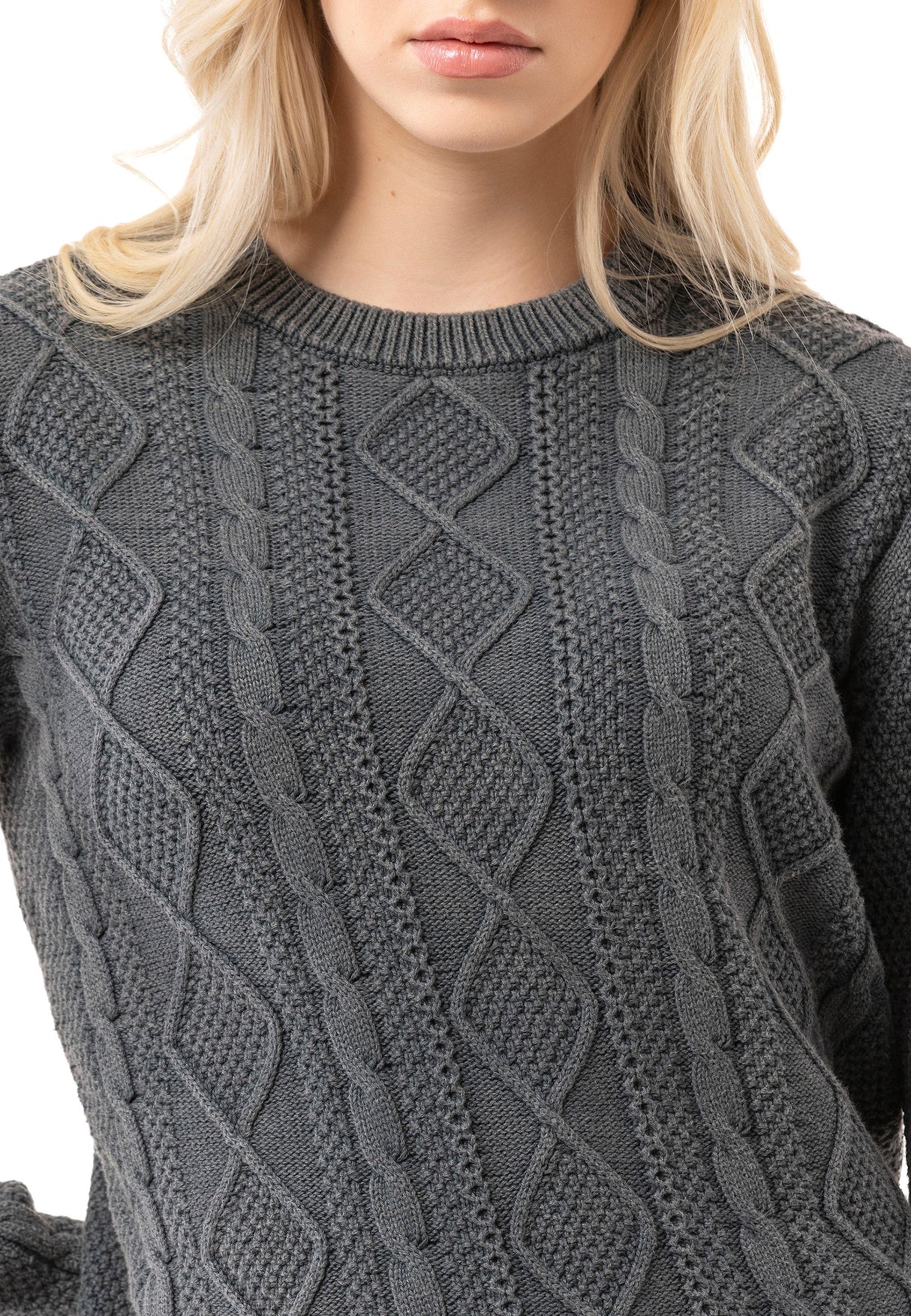 WP267 Damen Strickpullover – Zopfmuster Pullover mit Rundhalsausschnitt & Rippbündchen | Klassischer Casual-Look für Alltag & Übergangszeit