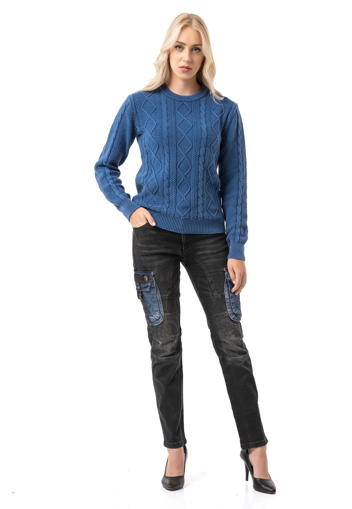WP267 Damen Strickpullover – Zopfmuster Pullover mit Rundhalsausschnitt & Rippbündchen | Klassischer Casual-Look für Alltag & Übergangszeit