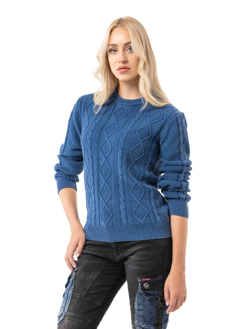 WP267 Damen Strickpullover – Zopfmuster Pullover mit Rundhalsausschnitt & Rippbündchen | Klassischer Casual-Look für Alltag & Übergangszeit
