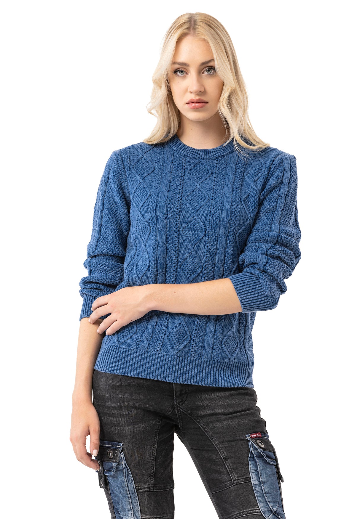 WP267 Damen Strickpullover – Zopfmuster Pullover mit Rundhalsausschnitt & Rippbündchen | Klassischer Casual-Look für Alltag & Übergangszeit