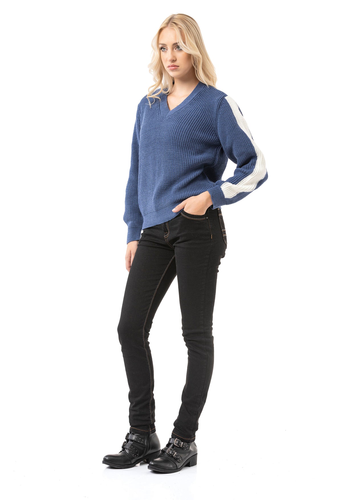 WP260 Damen Strickpullover – V-Ausschnitt Pullover mit Rippstruktur & Streifendetails an den Ärmeln | Zeitloser Casual-Look für Alltag & Freizeit