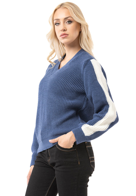WP260 Damen Strickpullover – V-Ausschnitt Pullover mit Rippstruktur & Streifendetails an den Ärmeln | Zeitloser Casual-Look für Alltag & Freizeit
