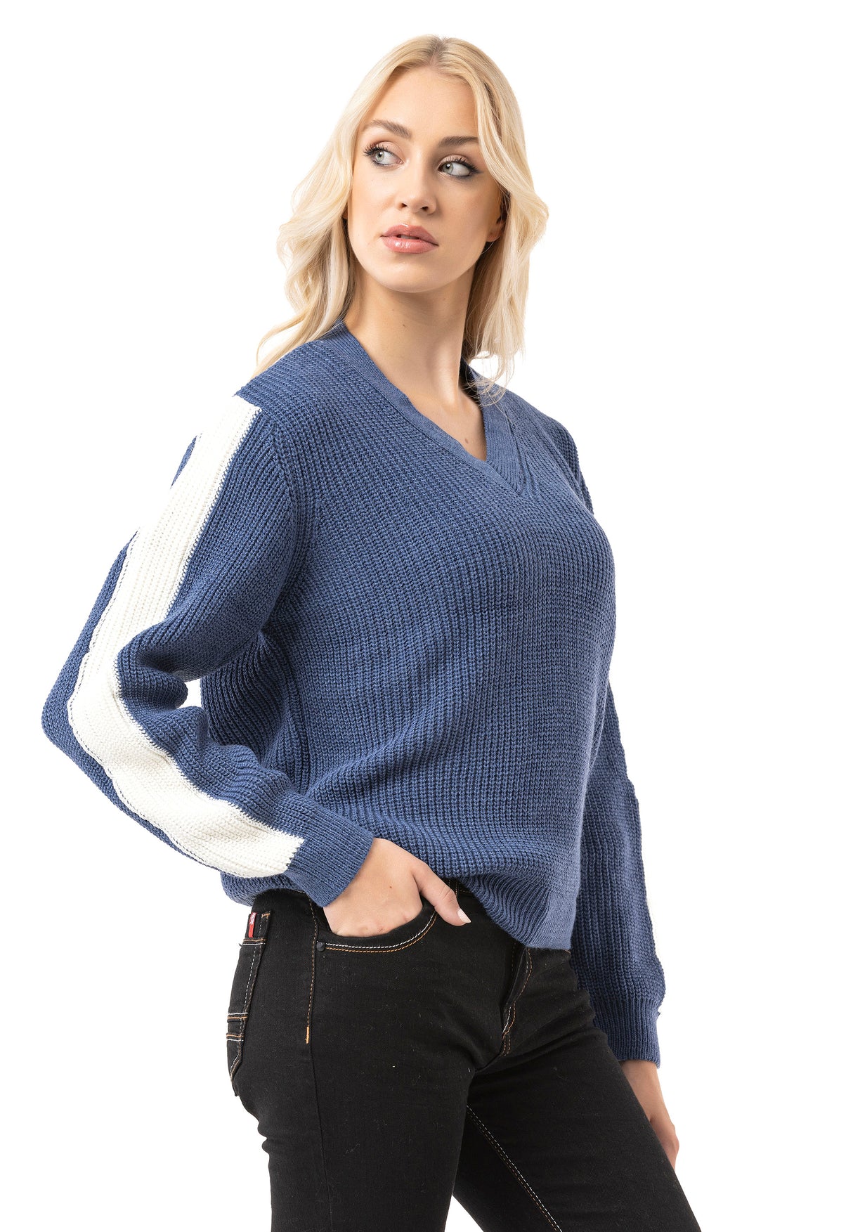 WP260 Damen Strickpullover – V-Ausschnitt Pullover mit Rippstruktur & Streifendetails an den Ärmeln | Zeitloser Casual-Look für Alltag & Freizeit