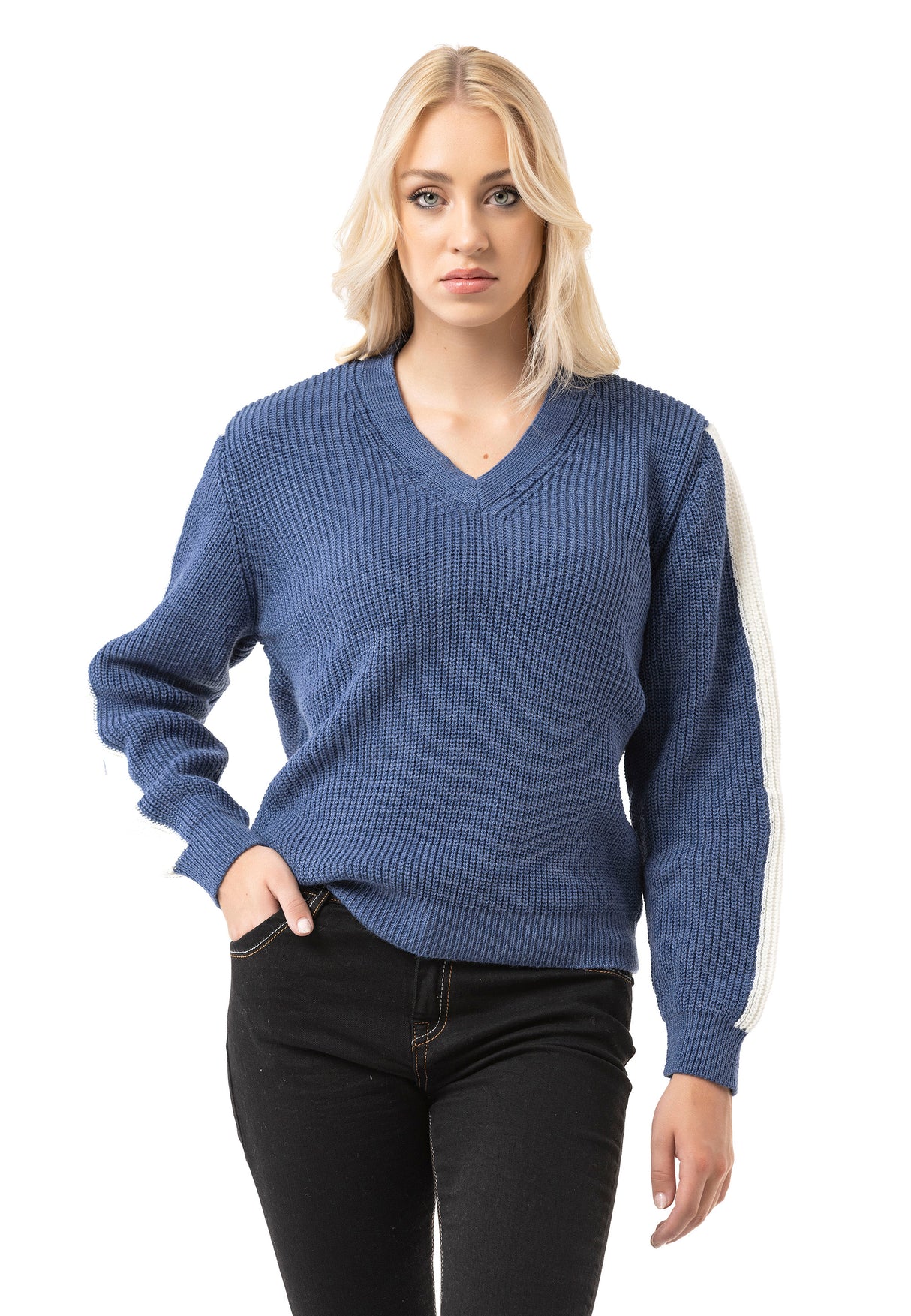 WP260 Damen Strickpullover – V-Ausschnitt Pullover mit Rippstruktur & Streifendetails an den Ärmeln | Zeitloser Casual-Look für Alltag & Freizeit