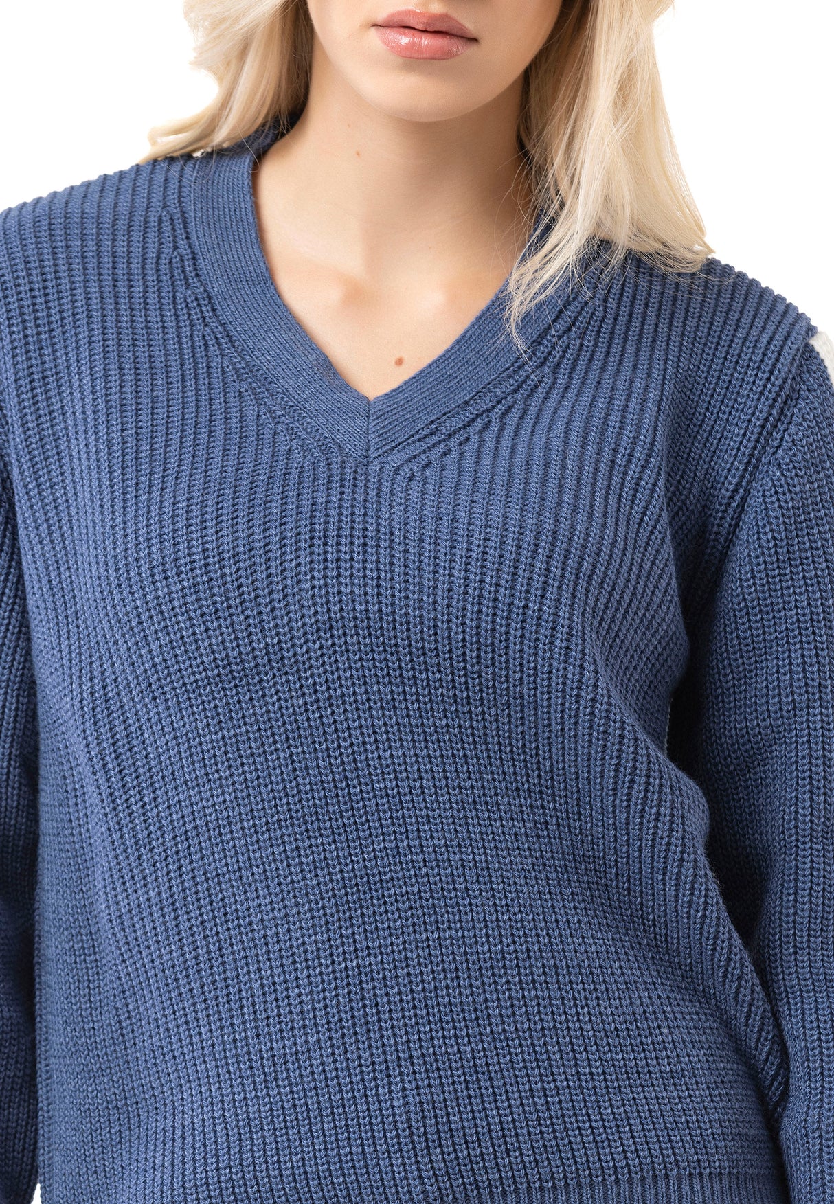 WP260 Damen Strickpullover – V-Ausschnitt Pullover mit Rippstruktur & Streifendetails an den Ärmeln | Zeitloser Casual-Look für Alltag & Freizeit