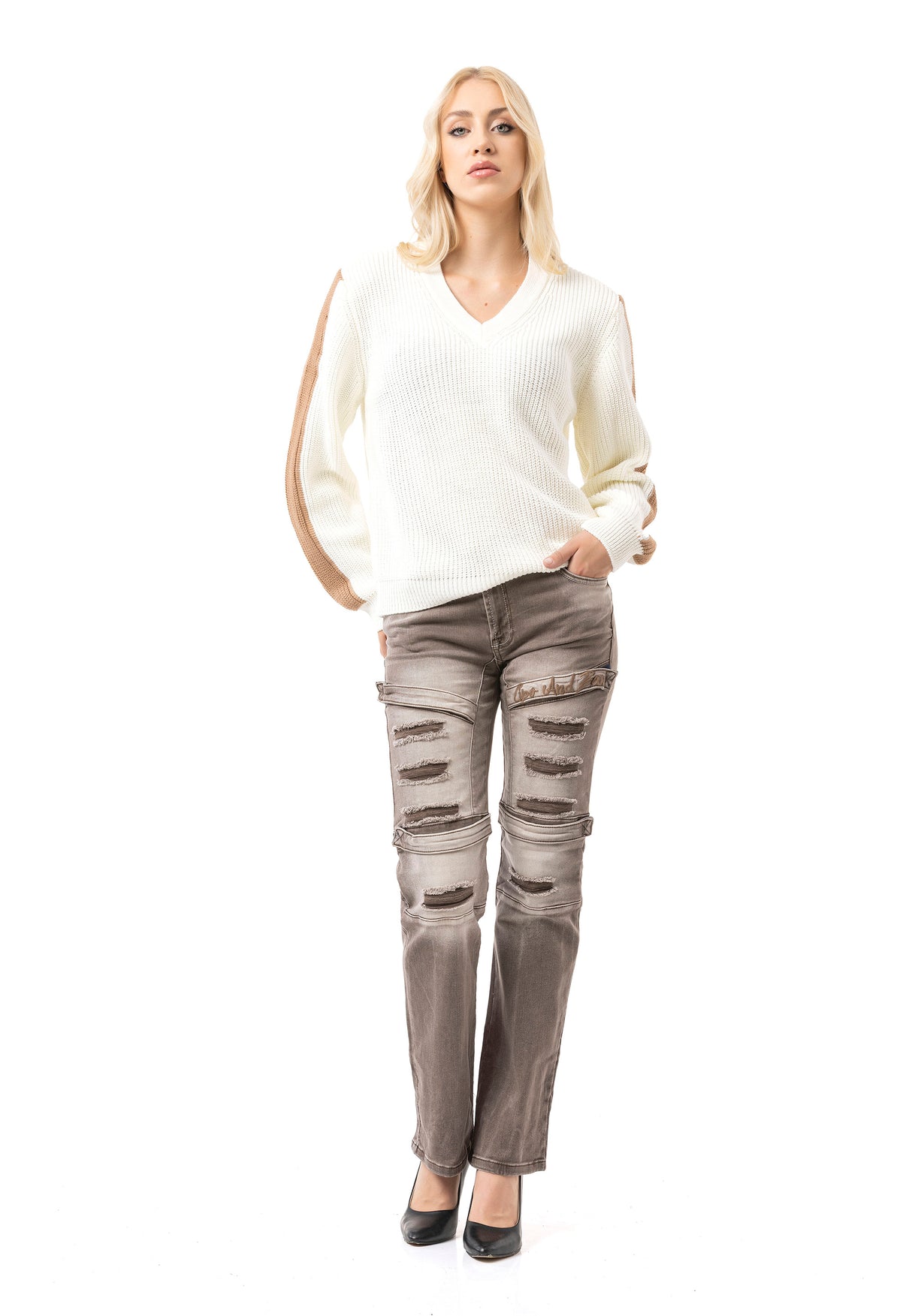 WP260 Damen Strickpullover – V-Ausschnitt Pullover mit Rippstruktur & Streifendetails an den Ärmeln | Zeitloser Casual-Look für Alltag & Freizeit