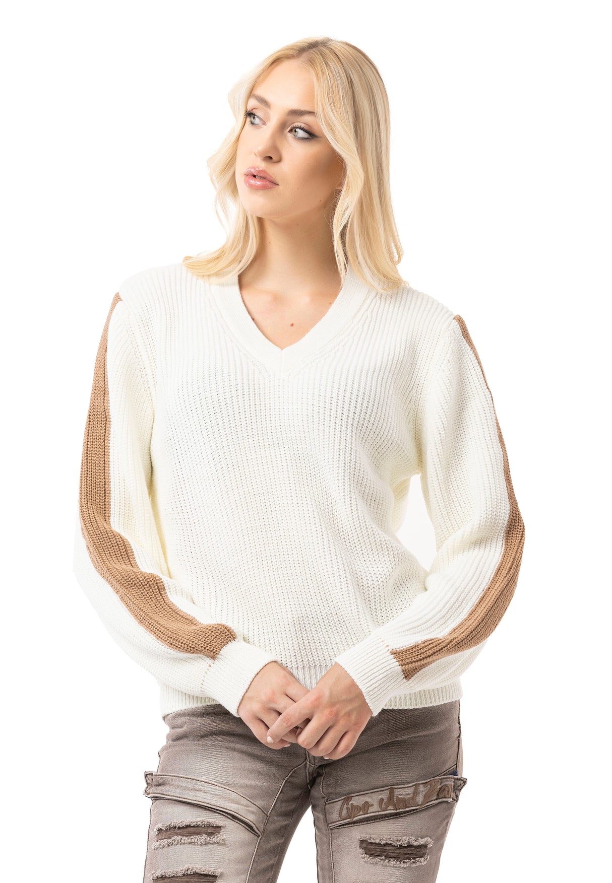 WP260 Damen Strickpullover – V-Ausschnitt Pullover mit Rippstruktur & Streifendetails an den Ärmeln | Zeitloser Casual-Look für Alltag & Freizeit