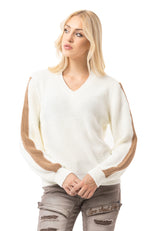 WP260 Damen Strickpullover – V-Ausschnitt Pullover mit Rippstruktur & Streifendetails an den Ärmeln | Zeitloser Casual-Look für Alltag & Freizeit
