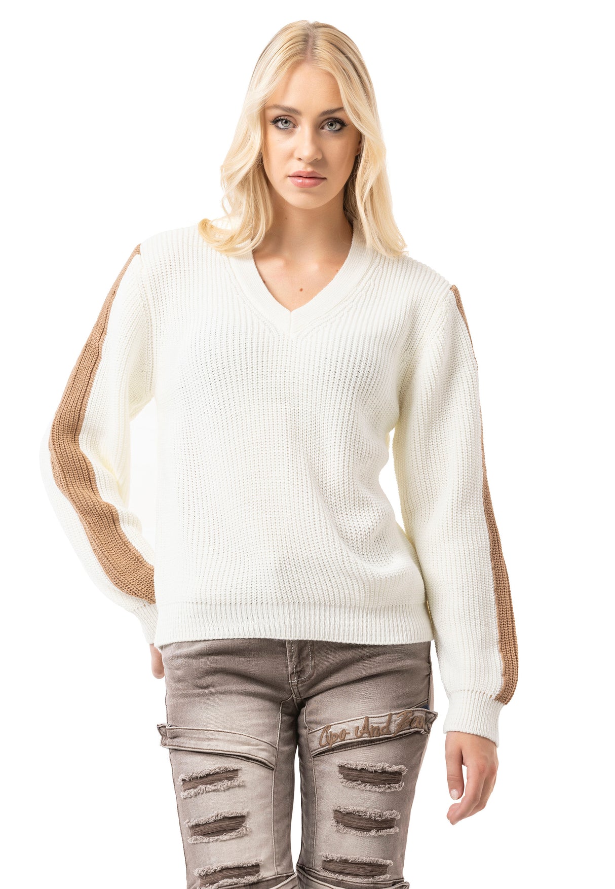 WP260 Damen Strickpullover – V-Ausschnitt Pullover mit Rippstruktur & Streifendetails an den Ärmeln | Zeitloser Casual-Look für Alltag & Freizeit