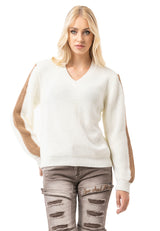 WP260 Damen Strickpullover – V-Ausschnitt Pullover mit Rippstruktur & Streifendetails an den Ärmeln | Zeitloser Casual-Look für Alltag & Freizeit