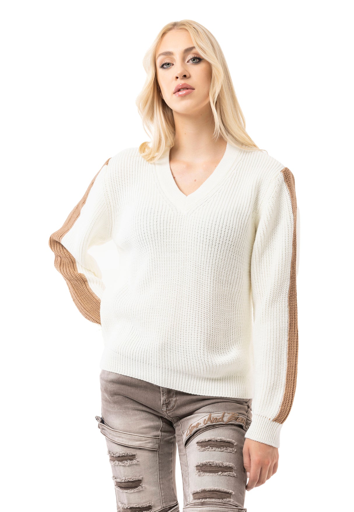 WP260 Damen Strickpullover – V-Ausschnitt Pullover mit Rippstruktur & Streifendetails an den Ärmeln | Zeitloser Casual-Look für Alltag & Freizeit