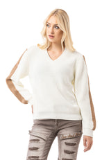 WP260 Damen Strickpullover – V-Ausschnitt Pullover mit Rippstruktur & Streifendetails an den Ärmeln | Zeitloser Casual-Look für Alltag & Freizeit