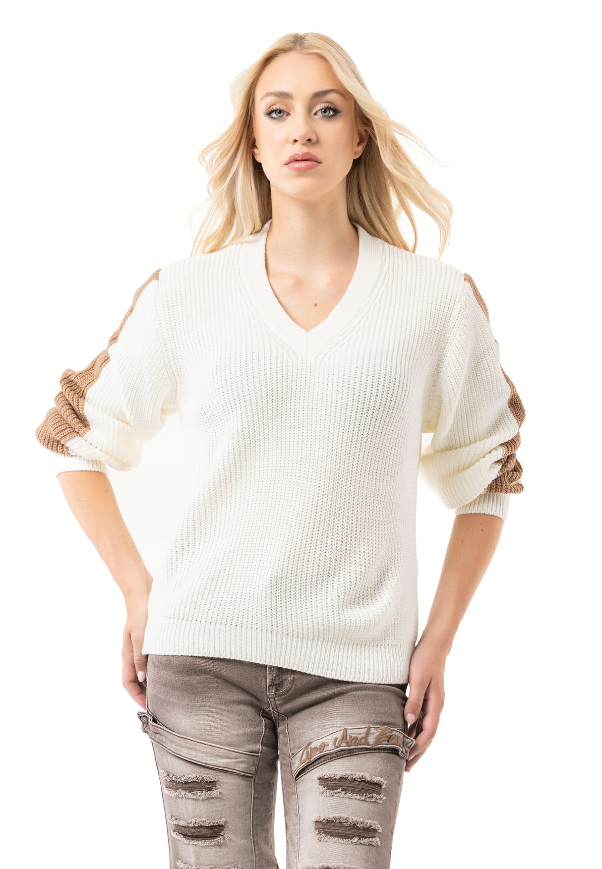 WP260 Damen Strickpullover – V-Ausschnitt Pullover mit Rippstruktur & Streifendetails an den Ärmeln | Zeitloser Casual-Look für Alltag & Freizeit