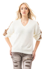 WP260 Damen Strickpullover – V-Ausschnitt Pullover mit Rippstruktur & Streifendetails an den Ärmeln | Zeitloser Casual-Look für Alltag & Freizeit