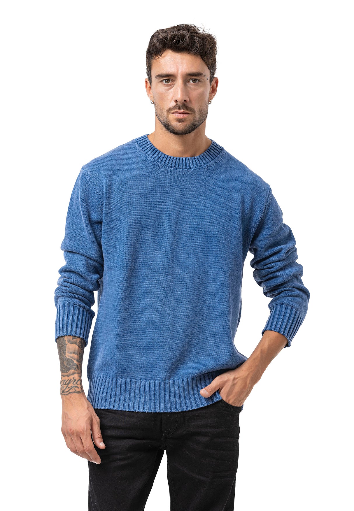 CP289 Homme pull en tricot en coton avec col rond – structure rencontre confort