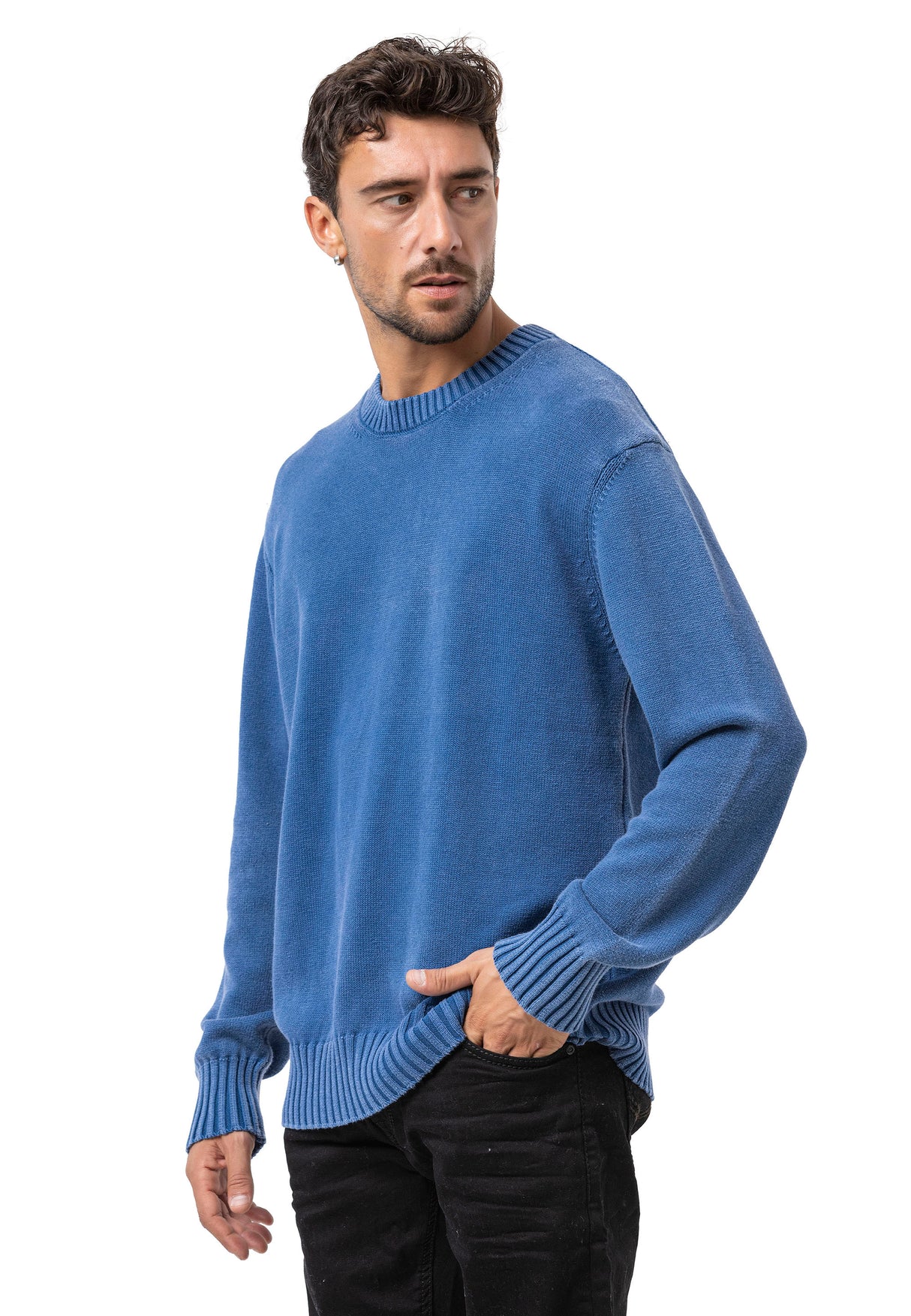 CP289 Homme pull en tricot en coton avec col rond – structure rencontre confort