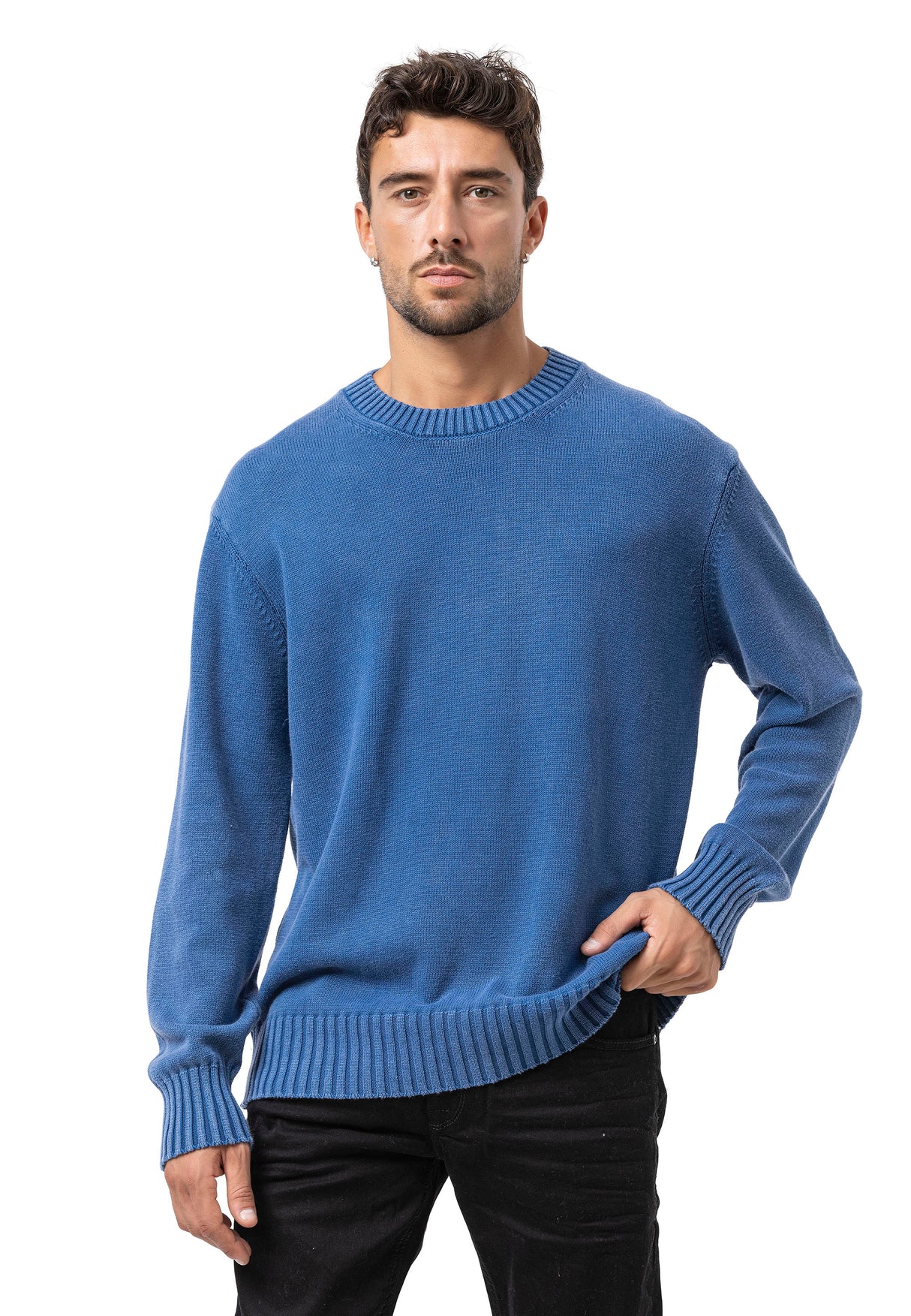 CP289 Homme pull en tricot en coton avec col rond – structure rencontre confort