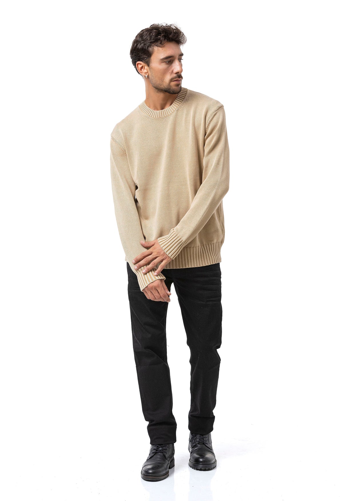 CP289 Homme pull en tricot en coton avec col rond – structure rencontre confort