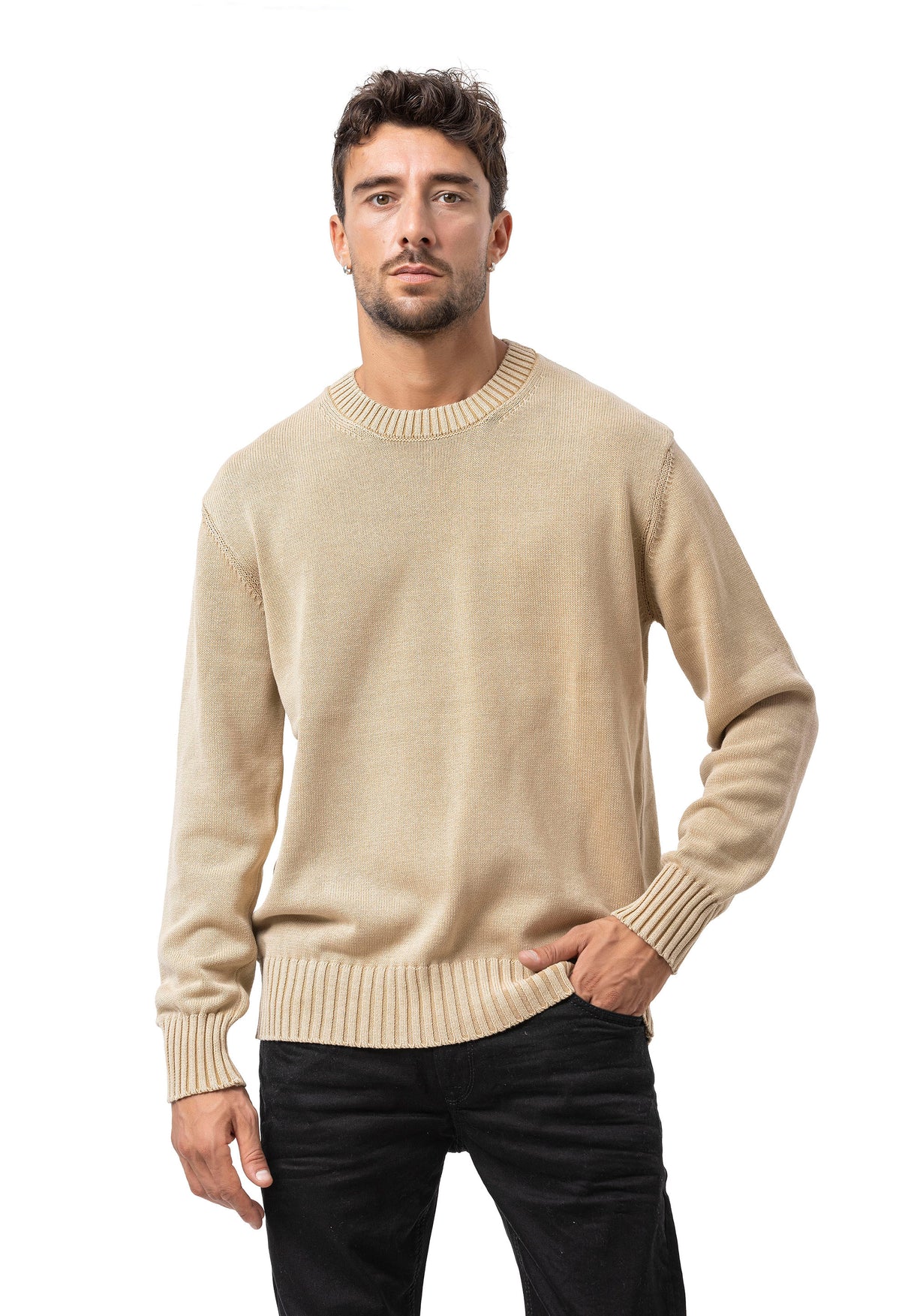 CP289 Homme pull en tricot en coton avec col rond – structure rencontre confort