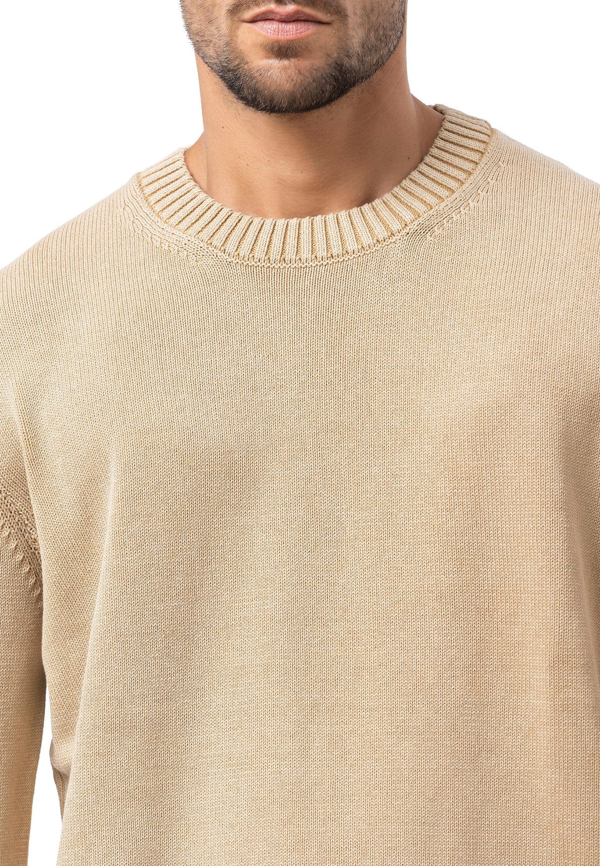 CP289 Homme pull en tricot en coton avec col rond – structure rencontre confort