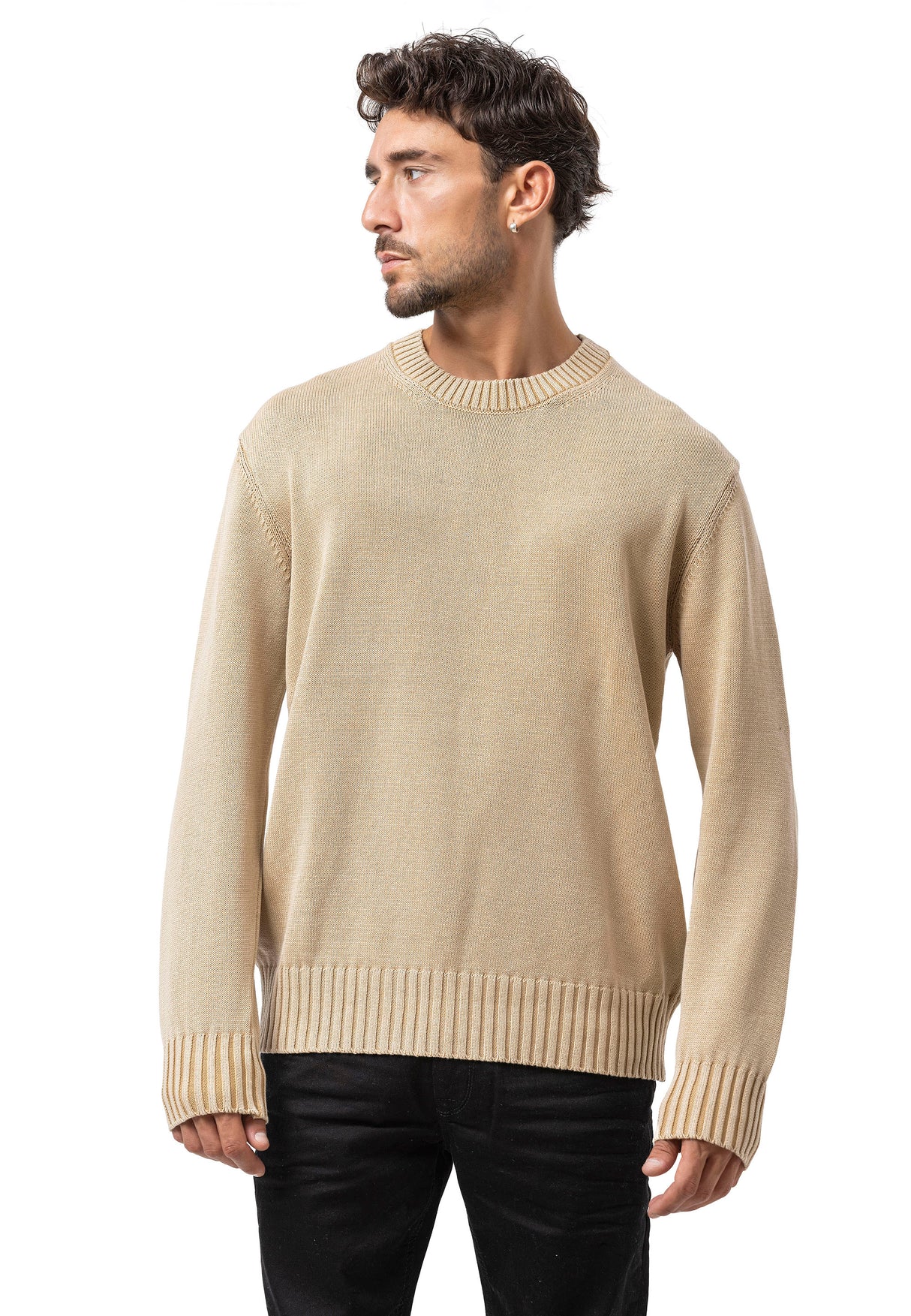 CP289 Homme pull en tricot en coton avec col rond – structure rencontre confort