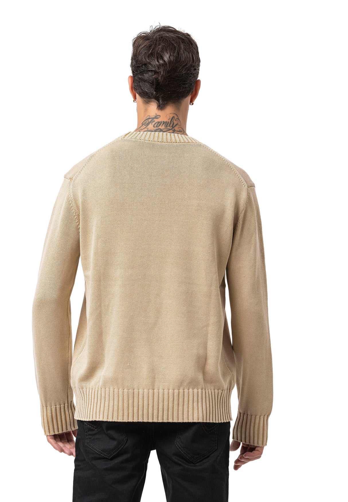 CP289 Homme pull en tricot en coton avec col rond – structure rencontre confort