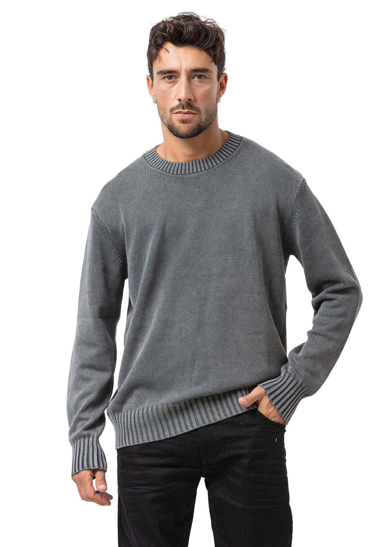 CP289 Homme pull en tricot en coton avec col rond – structure rencontre confort