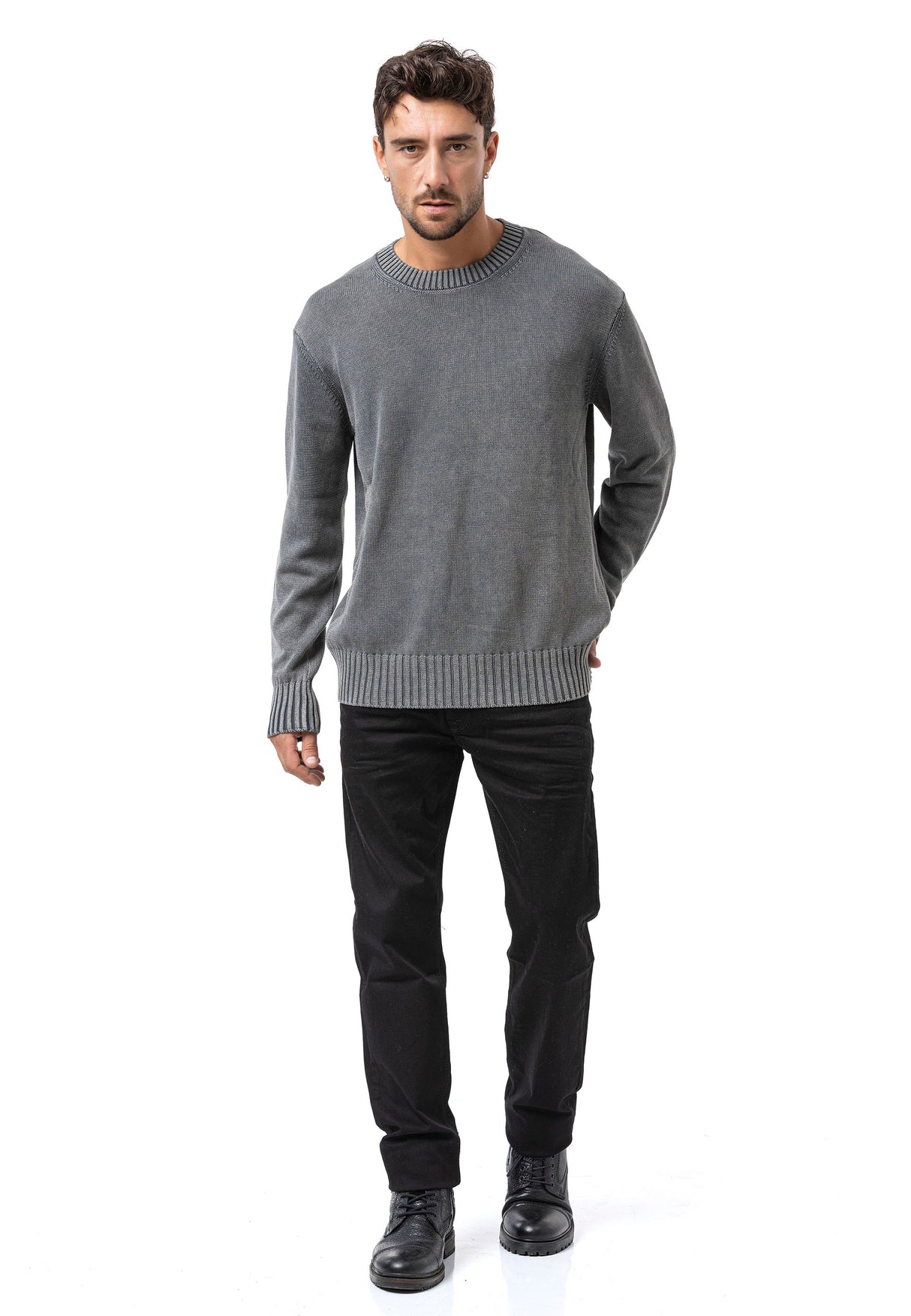 CP289 Homme pull en tricot en coton avec col rond – structure rencontre confort
