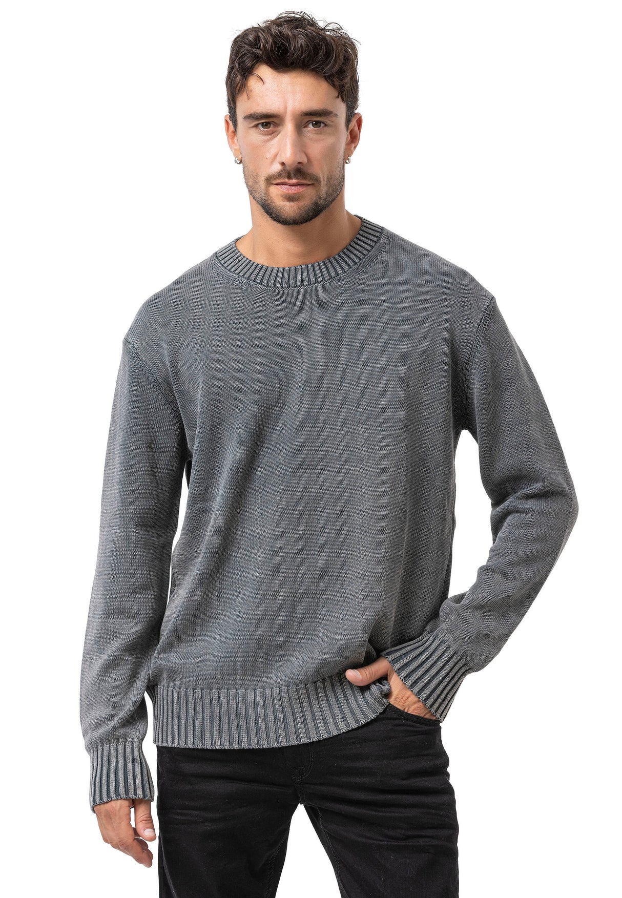 CP289 Homme pull en tricot en coton avec col rond – structure rencontre confort