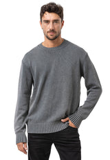 CP289 Homme pull en tricot en coton avec col rond – structure rencontre confort