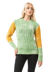 WP266 Damen Strickpullover – Zopfmuster Pullover mit Farbblock-Design & Rundhalsausschnitt | Kreativer Casual-Look für Alltag & Freizeit