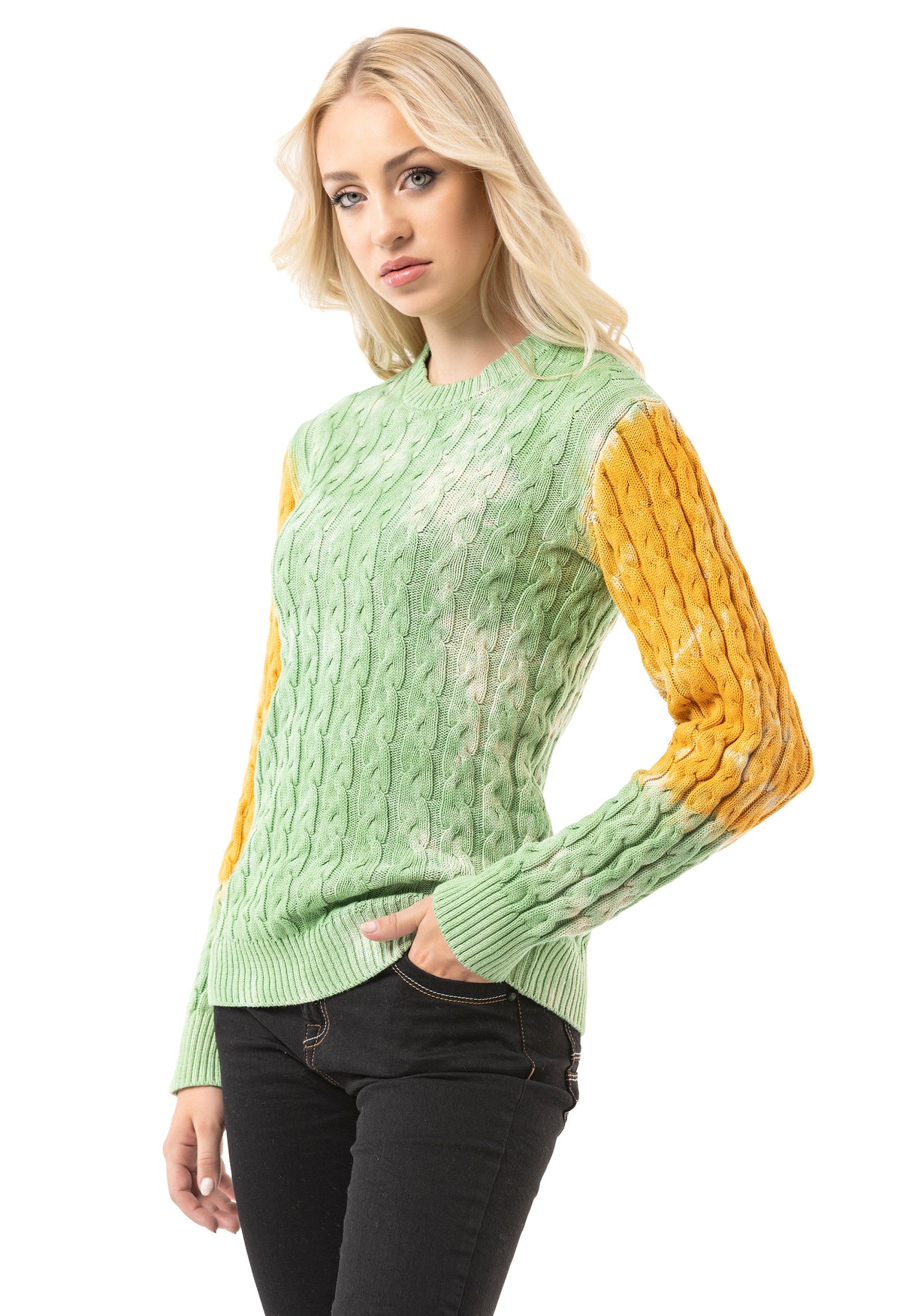 WP266 Damen Strickpullover – Zopfmuster Pullover mit Farbblock-Design & Rundhalsausschnitt | Kreativer Casual-Look für Alltag & Freizeit