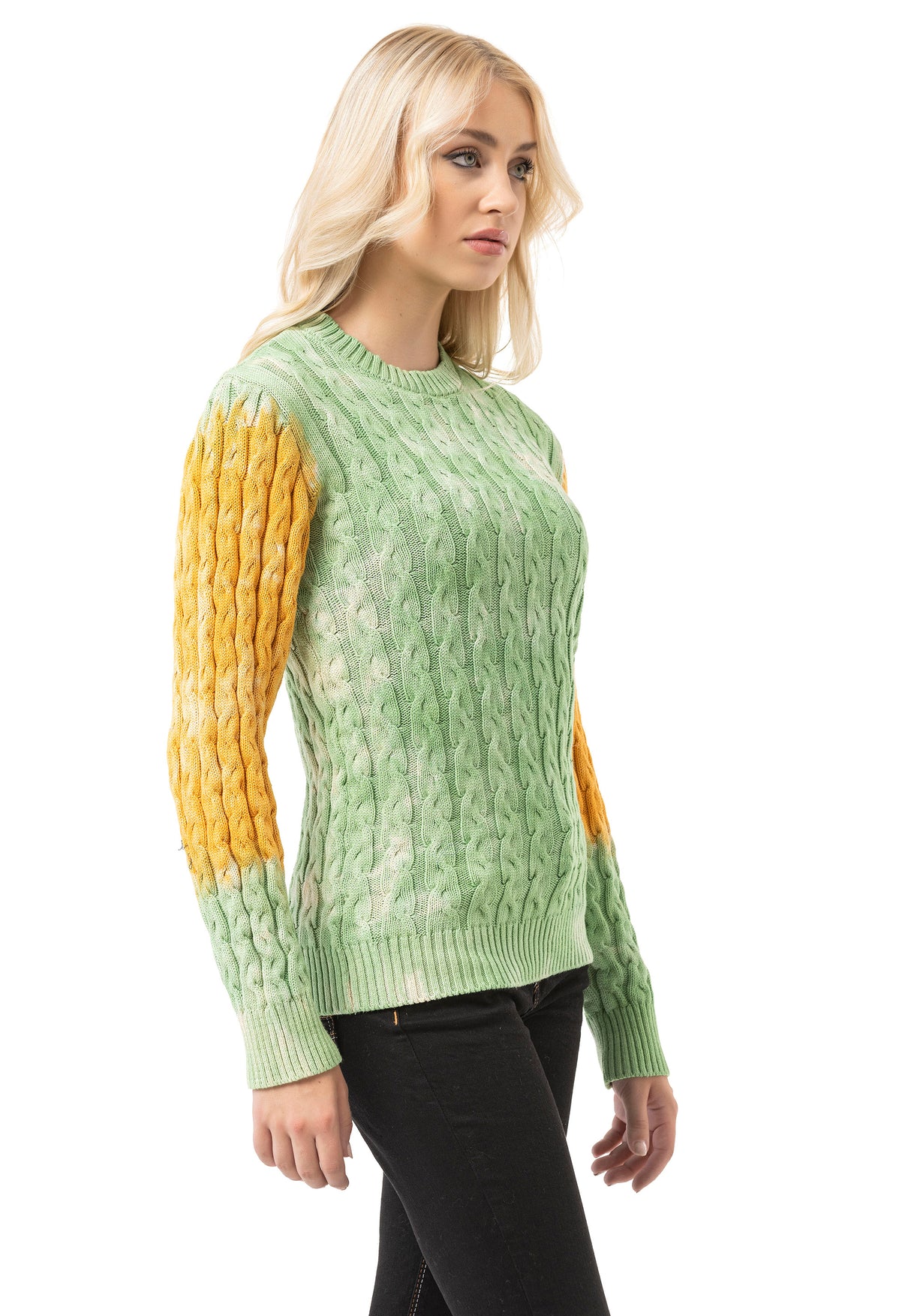 WP266 Damen Strickpullover – Zopfmuster Pullover mit Farbblock-Design & Rundhalsausschnitt | Kreativer Casual-Look für Alltag & Freizeit